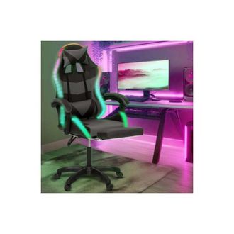 IDMarket Sedia da gioco luc led con poggiapiedi, cuscino per la testa e supporto lombare in nero e grigio