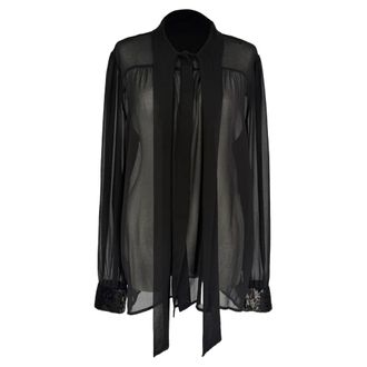 Michael Kors Tie-Neck Sheered Blouse in Black Chiffon