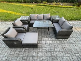 Fimous 8 Seater High Back PE Rattan Sofa Set Outdoor Garden Furniture Dining Table Set With Reclining Chair 3 Seater Sofa in Dark Grey