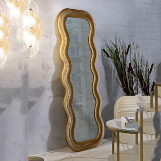 Dmora Espejo Allen, Marco Ondulado Efecto Terciopelo, Forma Rectangular, Tipo De Pared, 60x160h Cm Oro