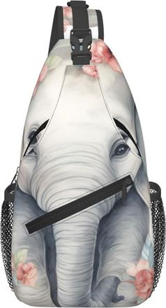 Generic Gray Elephant With Flowers On Head Shoulder Bag Lightweight Chest Bag Breathable Fanny Pack For Sports Camping Workout