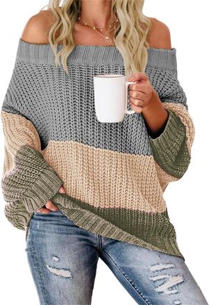 Generic Womens Oversized Off The Shoulder Sweater Color Block Trendy Batwing Puff Long Sleeve Cable Knit Chunky Striped Pullover Tops Gray Small