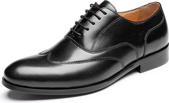 Generic Oxford Shoes for Men Lace Up Wing-tip Round Toe Leather Block Heel Anti-Slip Non Slip Low Top Wedding(Black,7.5 UK)