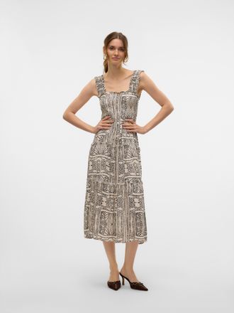 Vero Moda Sommerkleid VERO MODA VMMENNY SL SMOCK CALF DRESS WVN GA, Damen, Gr. XS, N-Gr, oatmeal aop:tenna, Web, Obermaterial: 100% Viskose, bedruckt, regular f