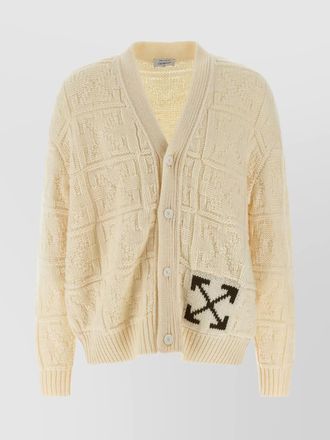 Off-white ribbed cuff and hem textured knit cardigan