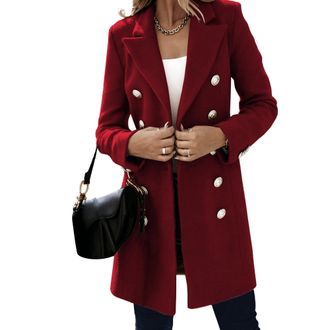 Generic Womens Notched Lapel Trench Coat Double Breasted Wool Blend Long Jackets Fall Winter Dressy Coats for Women Wine Red-2 X-Large