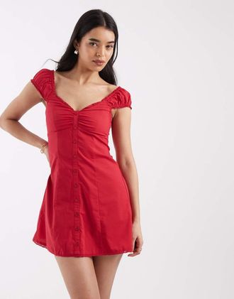 Hollister Vestito corto rosso con maniche ad aletta e bottoni