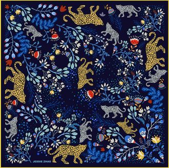 Jessie Zhao Double Sided Silk Scarf Of Amazon Rainforest Journey in Blue