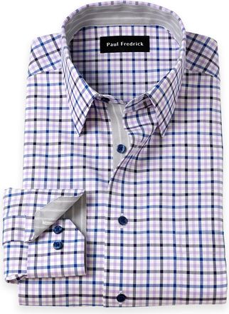Paul Fredrick Tailored Fit Traveler Cotton Blend Check Dress Shirt With Contrast Trim