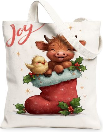 Generic Joyful Animals Canvas Tote Bags, Holiday Stocking Design Reusable Grocery Bags, Lightweight Washable Canvas for Christmas T, White, 13x15 Inch