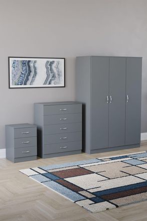 Home Discount Riano 3Pc Bedroom Set - 3 Drawer Bedside, 5 Drawer Chest & Wardrobe in Grey