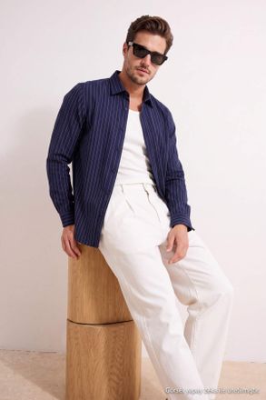 Trendyol MAN Heren Donkerblauw Gestreept Lang Regular fit Overhemden