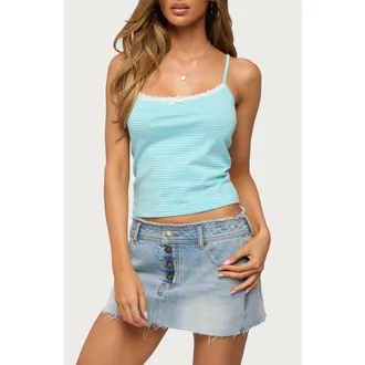Edikted Emmaline Stripe Lace Trim Camisole in Aqua at Nordstrom, Size X-Large