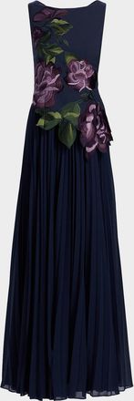 Kay Unger Jayla Floral-Embroidered Crepe & Chiffon Gown