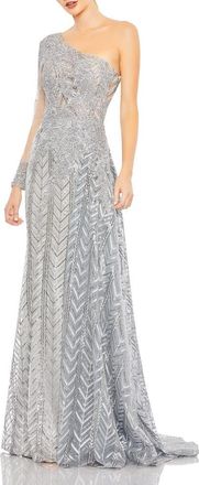 Mac Duggal One-Shoulder Hand-Beaded Mesh Dress in Platinum at Nordstrom, Size 12