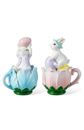 Glitzhome Set of 2 Easter Resin Bunny on Tulip Mug Table Decor in White at Nordstrom, Size Medium