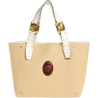 Versace Large Rivi&egrave;re Woven Raffia Tote in Natural White Rosewood Gold at Nordstrom