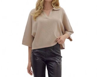 Entro Solid 3/4 Sleeve V Neck Collar Knit Top In Stone