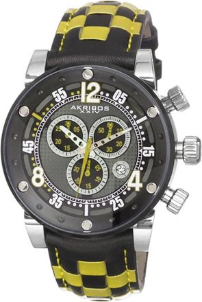 Akribos XXIV Explorer Chronograph Steel Black and White Checkered Leather Strap Watch AK612YL