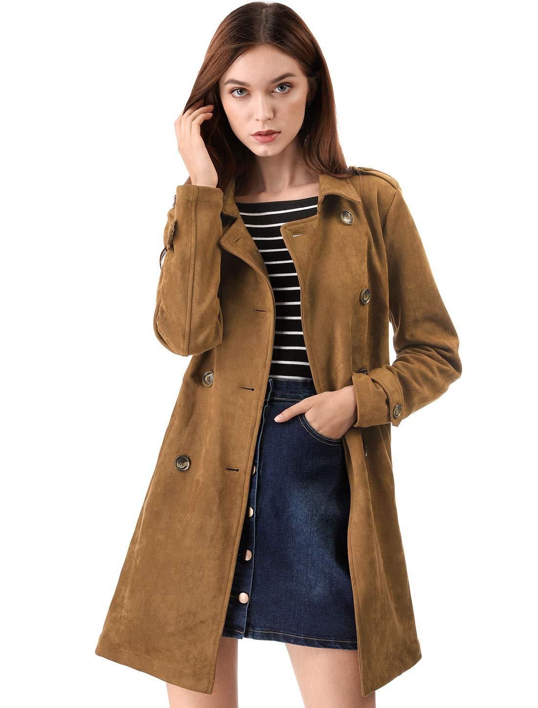Allegra K Damen Trenchcoat Langarm Zweireiher Faux Wildleder - Main Image