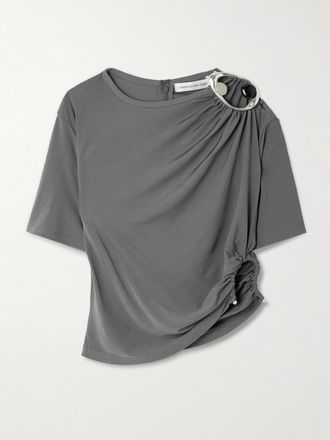 CHRISTOPHER ESBER T-shirt Cropped Asimmetrica In Jersey Arricciato Con Decorazioni Orica - Grigio