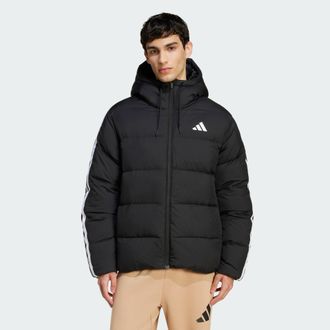 adidas Mens Essentials Climawarm 3-Stripes Puffer Down Hooded Jacket - Black - Size X-Large