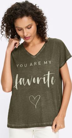 Heine Kurzarmshirt HEINE Shirt, Damen, Gr. 34, khaki, 100% Baumwolle, gemustert, V-Ausschnitt, Shirts Kurzarmshirt