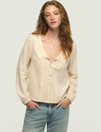 Lucky Brand Womens Long Sleeve Peter Pan Collar Top