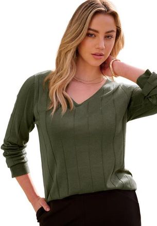 Roaman's Plus Size Drop Needle V Neck Lightweight Sweater Knit in Dark Olive Green at Nordstrom, Size Medium