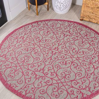 Jonathan Y Designs Madrid Vintage Filigree Textured Weave Indoor/Outdoor Round Area Rug in Light Gray/fuchsia at Nordstrom, Size 5Ft 0In X 5Ft 0In