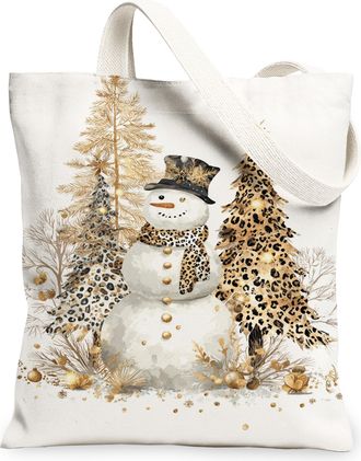 Generic Winter Snow Man Canvas Tote Bags, Stylish Leopard Tree Pattern Reusable Bags, Lightweight Washable Shoulder Strap Canvas Fo, White, 13x15 Inch