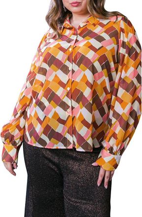 Flying Tomato Geometric Print Long Sleeve Button-Up Shirt in Mustard Brown at Nordstrom Rack, Size 1 X