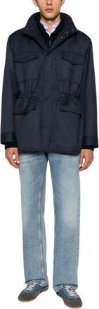 Brioni Jas met leren details en borstzakken - Heren - Zomerjassen - Blauw - M - Wol - Jassen