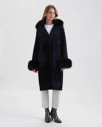 NVLT Womens Longline Coatigan with Removable Faux Fur Collar and Cuffs