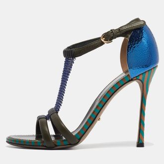 Sergio Rossi Green Leather And Mesh Ankle Strap Sandals