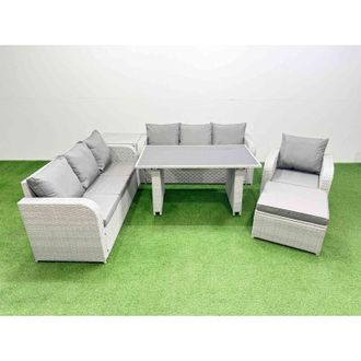 Fimous Rattan Garden Furniture Dining Set 8-seater Patio Rectangular Table Sofa Set with Side Table Big Stool Light Grey - Fimous