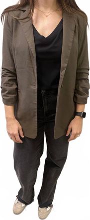 Sadie & Sage Backyard Ruched Sleeve Linen Blazer In Olive Brown