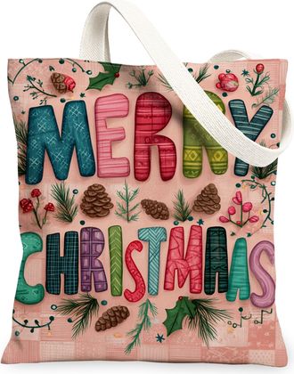 Generic Christmas Merry Canvas Tote Bags, Festive Lettering Pattern Reusable Grocery Bags, Winter Lightweight Washable Shoulder Strap Canvas 13x15 Inch