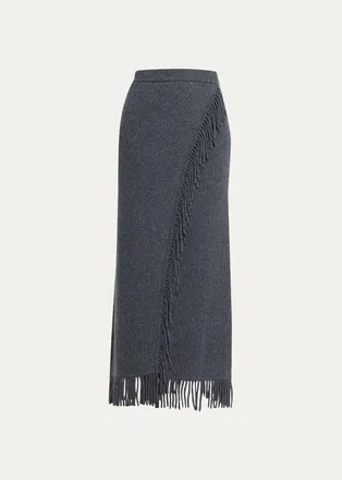 SIMKHAI Casey Ribbed Fringe-Trim Midi Skirt