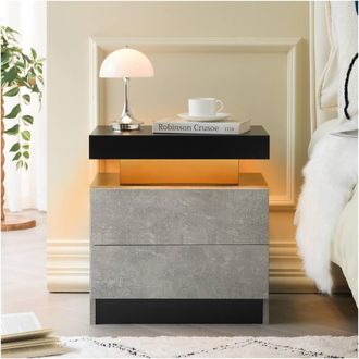 Matteo Modern LED Bedside Table with 2 Drawers, Grey & Black