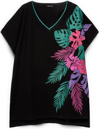 Fiorella Rubino Tops, Dames, Zwart, S, Katoen, Katoenen T-shirt met tropische print
