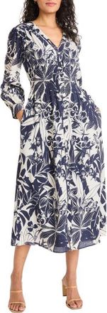 Maggy London Long Sleeve Button-Up Midi Dress in Navy/Ivory at Nordstrom, Size X-Large