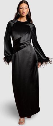 Coast Feather Trim Satin Maxi Dress in Black at Nordstrom, Size 10
