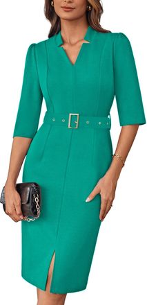 Grace Karin Womens 3/4 Sleeves Slim Fit Pencil Dresses Summer Solid Color Black Dress with Belt Green XXL