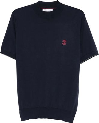 Brunello Cucinelli Gebreid T-shirt met geborduurd logo - Blauw