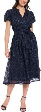 London Times Eyelet Embroidered Puff Sleeve Midi Dress in Navy at Nordstrom Rack, Size Medium
