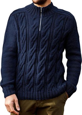 Feoya Mens Quarter 1/4 Zip Jumper Turtleneck Sweater for Men Slim Fit Knitted Sweatshirt Warm Chunky Cable Knit Pullover Stand Collar Knitwear Navy Blue L W
