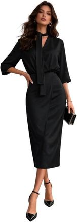 Simona Corsellini Midi Jurk met Hoge Hals en Strik - Dames - Casual kleedjes - Zwart - S - Kleedjes