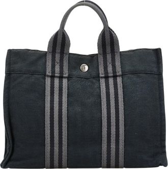 Herm&egrave;s Black Gray Canvas Handbag Tote Bag (Pre-Owned)