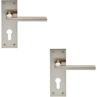 Loops 2x PAIR Straight Bar Handle on Slim Euro Lock Backplate 150 x 50mm Satin Nickel